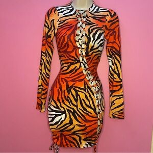 NWT Orange Tiger Print Drawstring Stretchy Mini Dress - Small